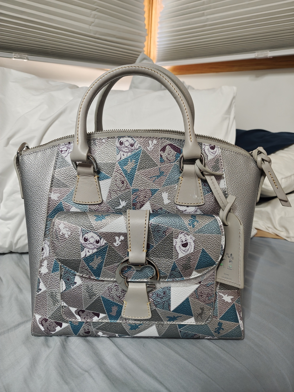 Disney Dooney & Bourke 100th Anniversary Silver Geo-Print Leather Satchel Bag